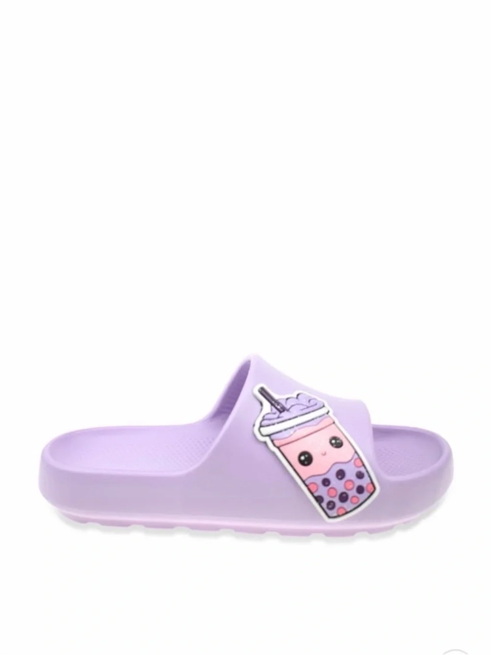 Kids Lavender Slide Sandals with Fun Boba Drink Patch